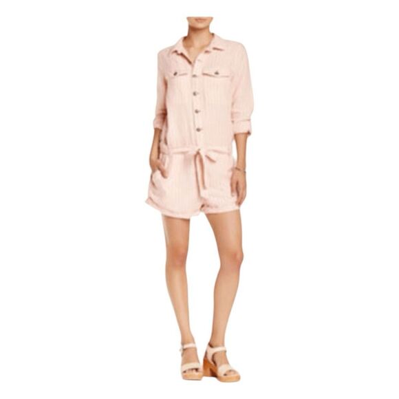 Free People Yarn Dye Stripe Linen Blend Belted Romper Pink Black Long Sleeve Sho - Picture 2 of 9